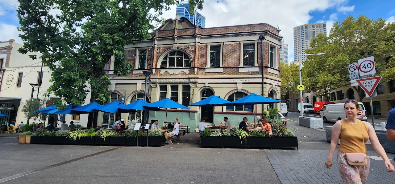 Blue umbrellas outside Endeavour Tap Rooms